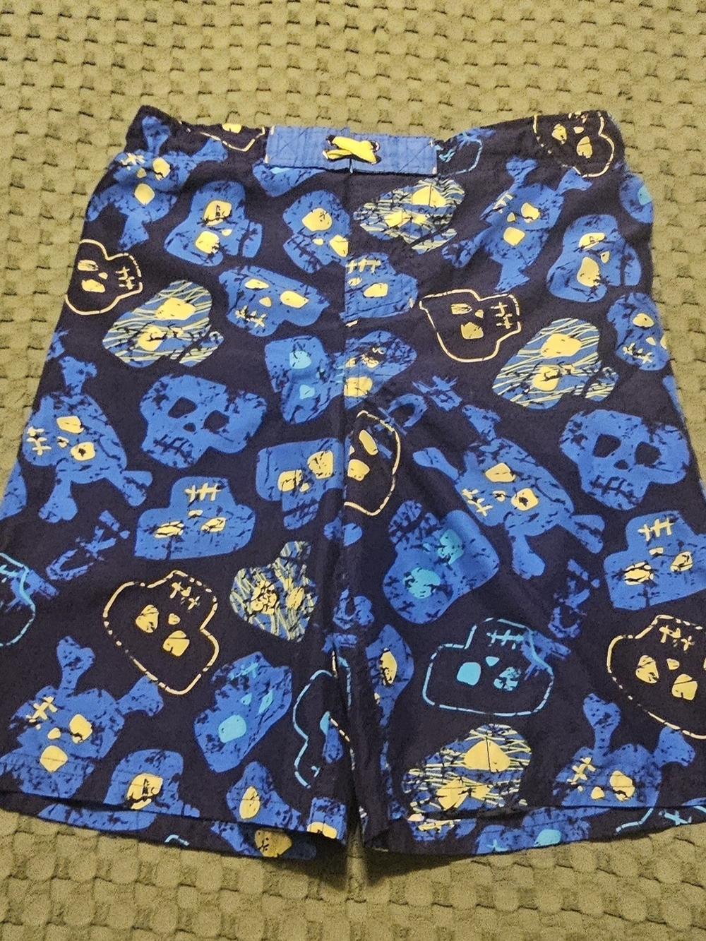 Bugle Boy Navy Blue Swim Trunks with Bright Blue and Yellow Skull Print